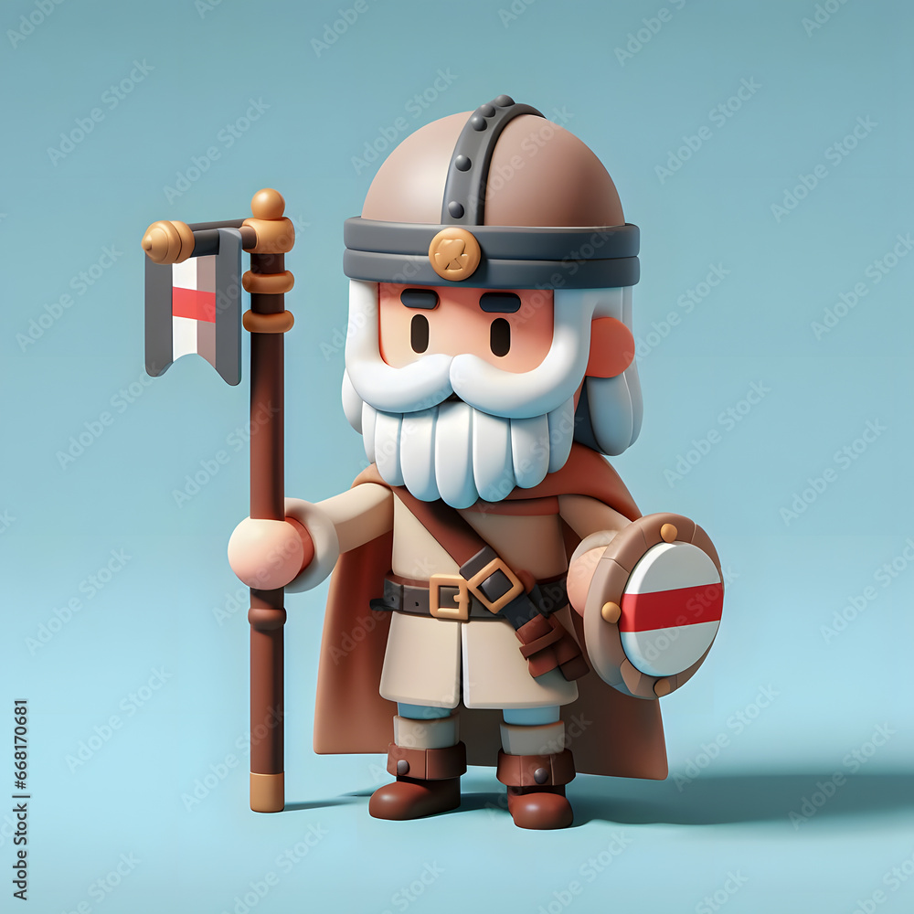 Poster a close up of a toy figure of a man with a beard and a sword generative ai