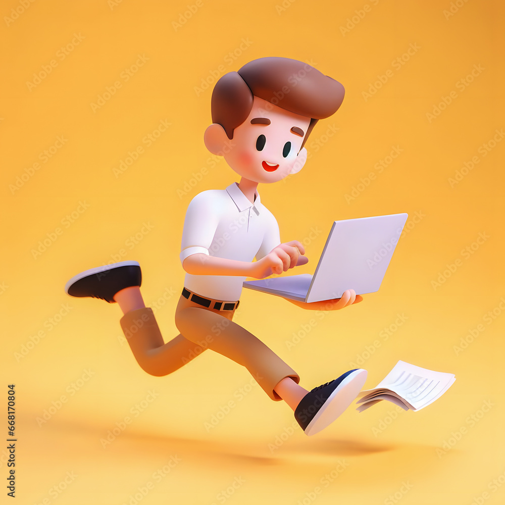 Poster arafed man running with a laptop computer in his hand generative ai