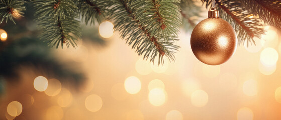 Christmas tree branch with baubles on bokeh background.