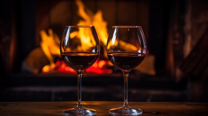 A pair of elegant wine glasses filled with red wine in front of a blazing fire.