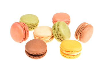 Colored cookies macaroons close-up in pastel tones on isolated white background