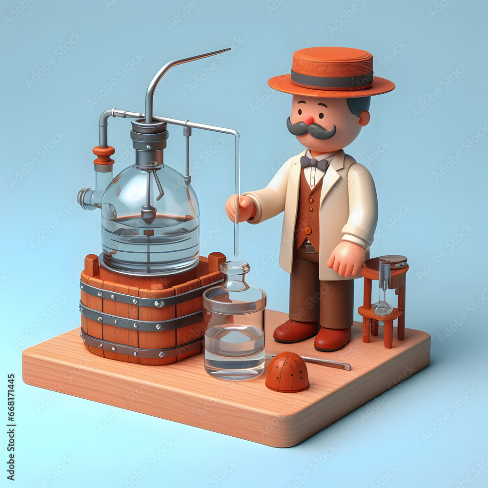 Poster a close up of a toy figure of a man with a pipe and a glass generative ai