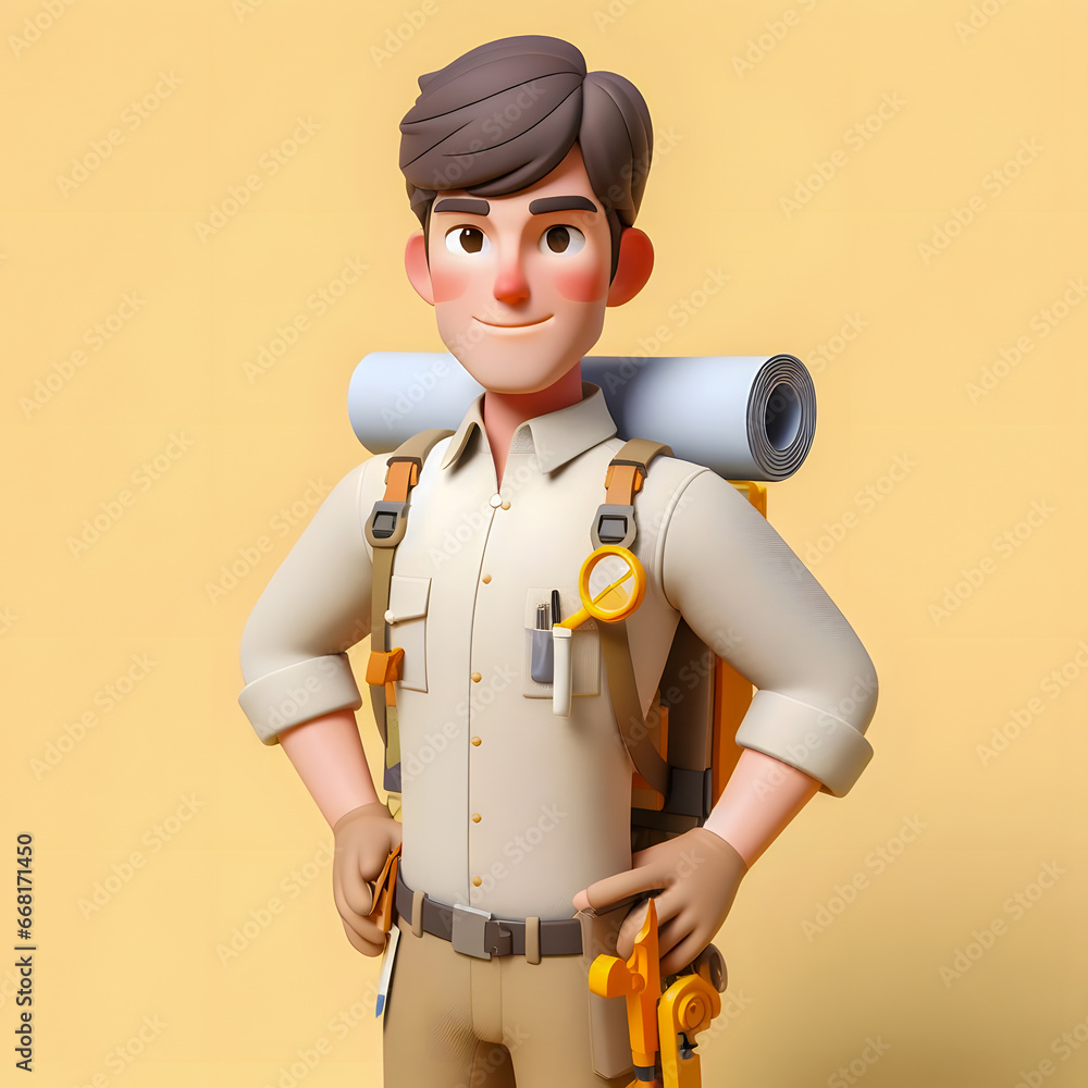 Poster a close up of a toy figure of a man with a backpack generative ai