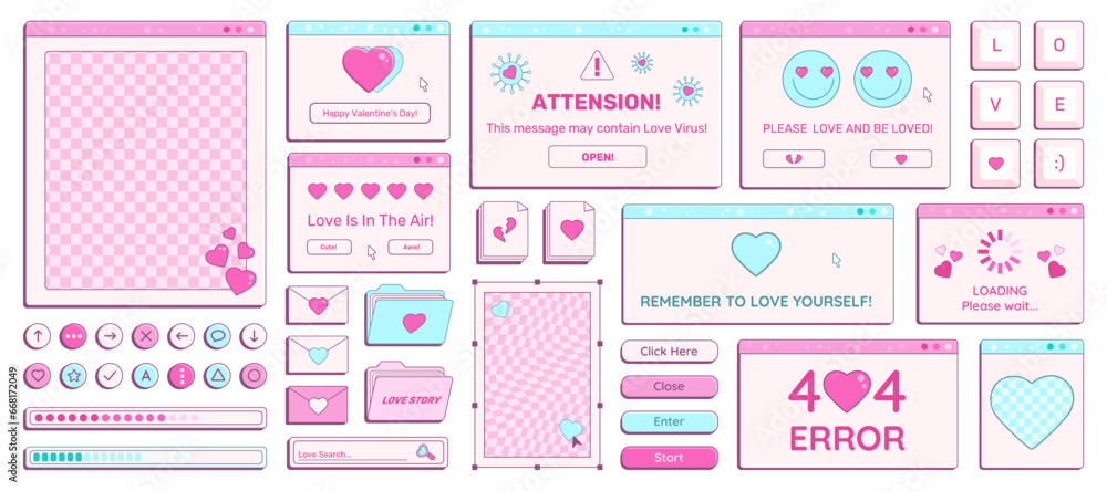 Fototapete set of y2k valentine day retro computer windows, buttons, messages and other romantic interface elem