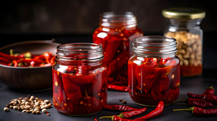 Jars of roasted red peppers surrounded by olive oil, fresh peppers and dried chili flakes, generative ai - obrazy, fototapety, plakaty