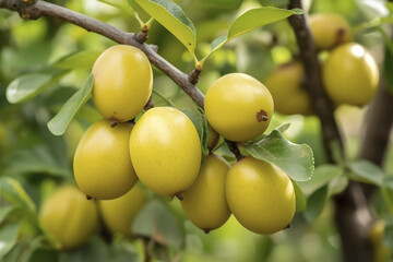  Marian plum fruit in marian plum tree in the garden tropical fruit orchard, Name in Thailand Sweet Yellow Marian Plum Maprang Plango or Mayong chid, generative ai - obrazy, fototapety, plakaty