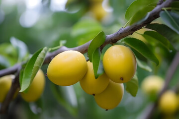  Marian plum fruit in marian plum tree in the garden tropical fruit orchard, Name in Thailand Sweet Yellow Marian Plum Maprang Plango or Mayong chid, generative ai