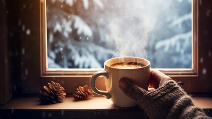 A pair of mittened hands holding a steaming mug of cocoa by a frosted window.