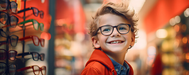 un enfant souriant avec des lunettes de vue chez un opticien - obrazy, fototapety, plakaty