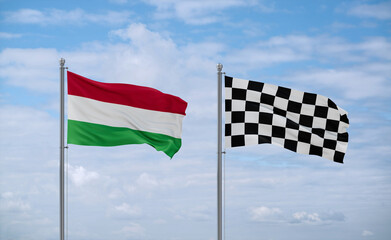 Checkered racing and Hungary flags, country relationship concept