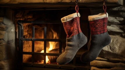 A pair of warm, woolen socks drying by a stone fireplace.