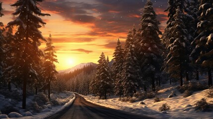 A peaceful countryside road in the snow, surrounded by tall pine trees, as the sun sets on a chilly evening.
