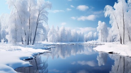A peaceful winter landscape, with snow-covered trees and a frozen pond reflecting the clear blue sky.