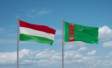 Turkmenistan and Hungary flags, country relationship concept