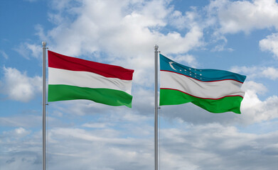 Uzbekistan and Hungary flags, country relationship concept