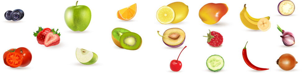 set bundle isolated fruits variety fresh illustrations vector