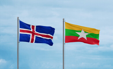 Myanmar and Iceland flags, country relationship concept