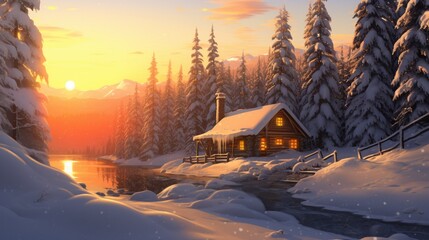 A picturesque winter cabin nestled amidst tall pine trees, blanketed in snow, and drenched in the golden hues of a setting sun.