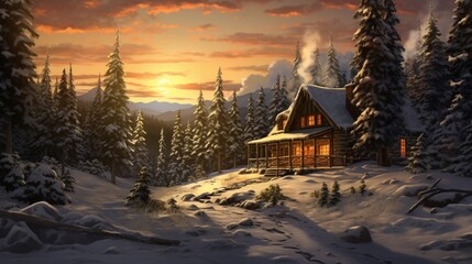 A picturesque winter cabin nestled amidst tall pine trees, blanketed in snow, and drenched in the golden hues of a setting sun.