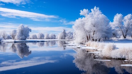 A pristine, frozen pond reflecting a clear blue sky, capturing the serenity of winter.