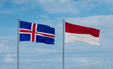 Indonesia and Iceland flags, country relationship concept