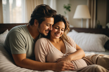 Tender portrait of relaxed pregnant couple hugged on bed with happy face expression in the morning at home. Generative AI.