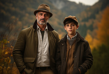 Fototapeta premium Elegantly Dressed Father and Son in Rural Landscape