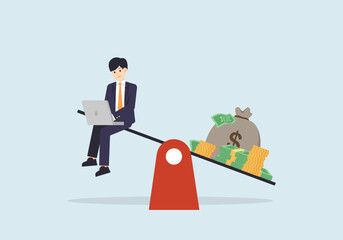 Work hard in exchange for money. A person sits and works on a scale, vector illustration.