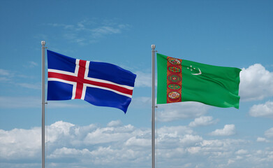 Turkmenistan and Iceland flags, country relationship concept