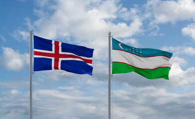 Uzbekistan and Iceland flags, country relationship concept