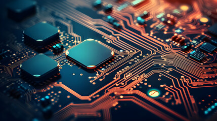 Close-up of a vibrant circuit board with microchips and electronic components, showcasing the intricate design of modern technology. - obrazy, fototapety, plakaty