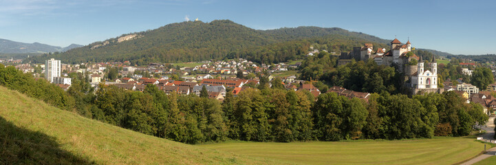 Fototapeta na wymiar Panoramic view of Aarburg and surrounding woods, showing castle and Evangelical church, Canton of Aargau