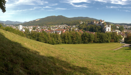 Fototapeta na wymiar Panoramic view of Aarburg showing the castle and Evangelical church, Canton of Aargau