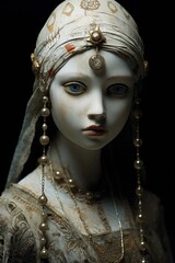 A close-up view of a statue depicting a woman wearing a headdress. This image can be used to represent elegance, culture, or history