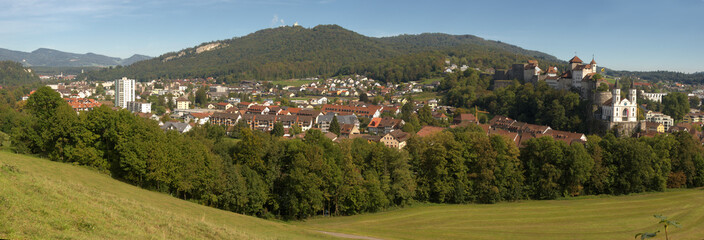 Panoramic view of Aarburg, Canton of Aargau, showing the castle and church