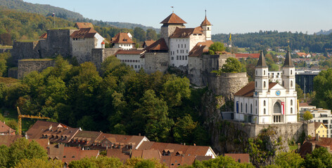 Aarburg in Canton Aargau showing the castle and Evangelical church