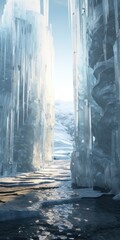 A person is seen walking through a stunning ice cave. This image can be used to depict adventure, exploration, or the beauty of nature