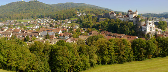 Panoramic view of Aarburg, Canton of Aargau, showing castle and church
