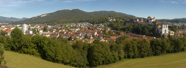 Panoramic view of Aarburg, Canotn of Aargau, showing castle and church