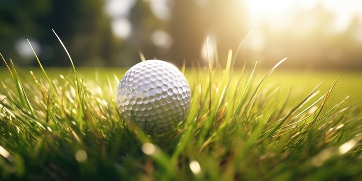 A golf ball sitting on top of a lush green field. This image can be used to depict the sport of golf or the beauty of nature