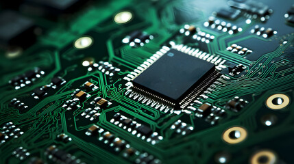 Close-up of a vibrant circuit board with microchips and electronic components, showcasing the intricate design of modern technology.