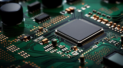Close-up of a vibrant circuit board with microchips and electronic components, showcasing the intricate design of modern technology.