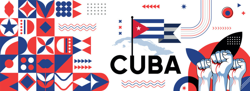 Cuba national or independence day banner for country celebration. Flag and map of Cuba with raised fists. Modern retro design with typography abstract geometric icons . Vector illustration. - Powered by Adobe
