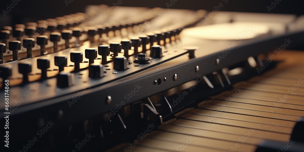 Poster A detailed close-up view of a keyboard with numerous knobs. Perfect for technology-related projects and designs