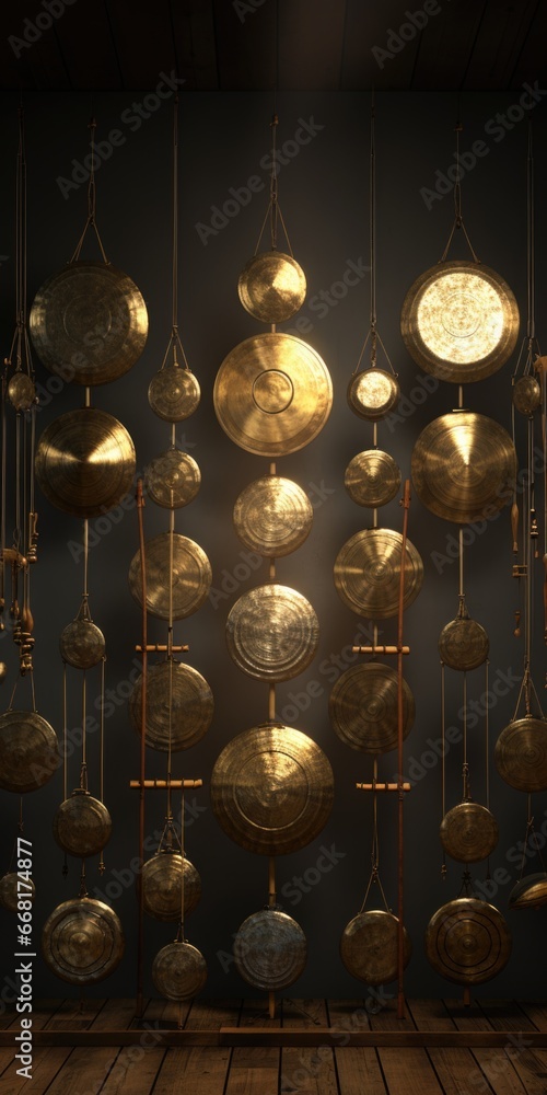 Poster A unique display of various musical instruments hanging from the ceiling. This picture can be used to add a creative touch to music-themed designs or to showcase a music store or concert venue