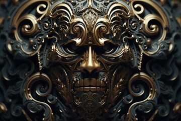 A close up view of a mask hanging on a wall. This image can be used to add a touch of mystery and intrigue to any design project