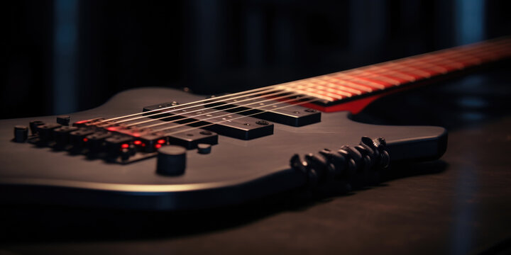 A close up shot of a guitar placed on a table. This image can be used for various purposes such as music-related articles, album covers, or website banners