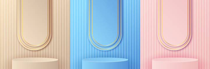 Set of realistic 3D cylindrical podiums in pink, yellow and blue, placed in an arched window. Create an abstract studio with geometric platform that is suitable for displaying products and promotions.