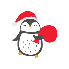 Illustration of Christmas penguin in Santa hat with bag of gifts