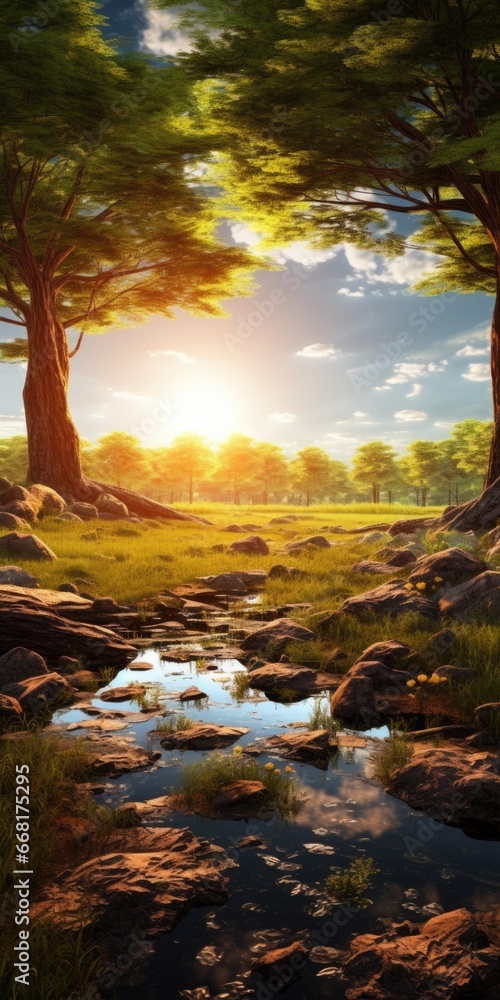 Poster a beautiful painting capturing the serene beauty of a sunset in a forest. this artwork is perfect fo